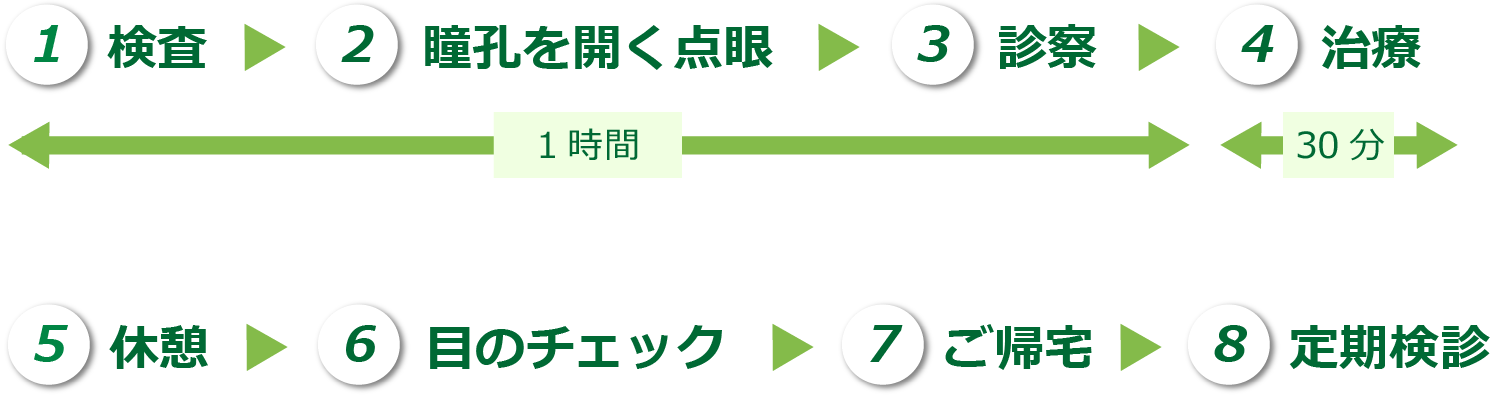 検査、瞳孔を開く点眼、診察、治療、休憩、目のチェック、ご帰宅、定期検診